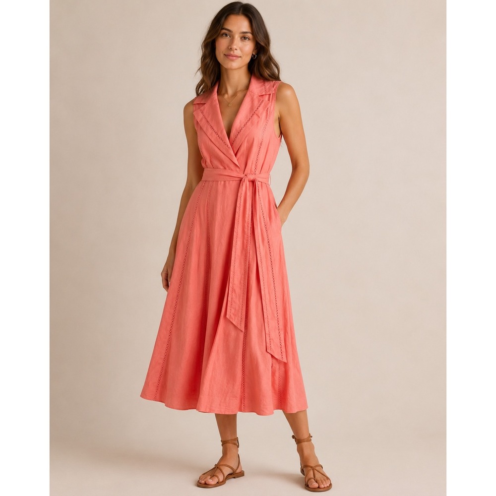 Jones New York Signature Coral Pink Linen Wrap Dress Ladder Lace Trim Size 10
